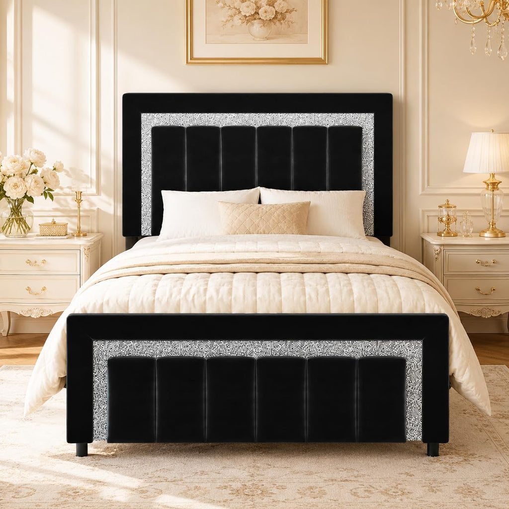 HOMBCK Twin Bed Frames, Twin Size Bed Frame with Diamond Velvet Design Headboard and Footboard, Upholstered Bed Frame with Wooden Slats Support, No Box Spring Needed, Easy Assembly, Black