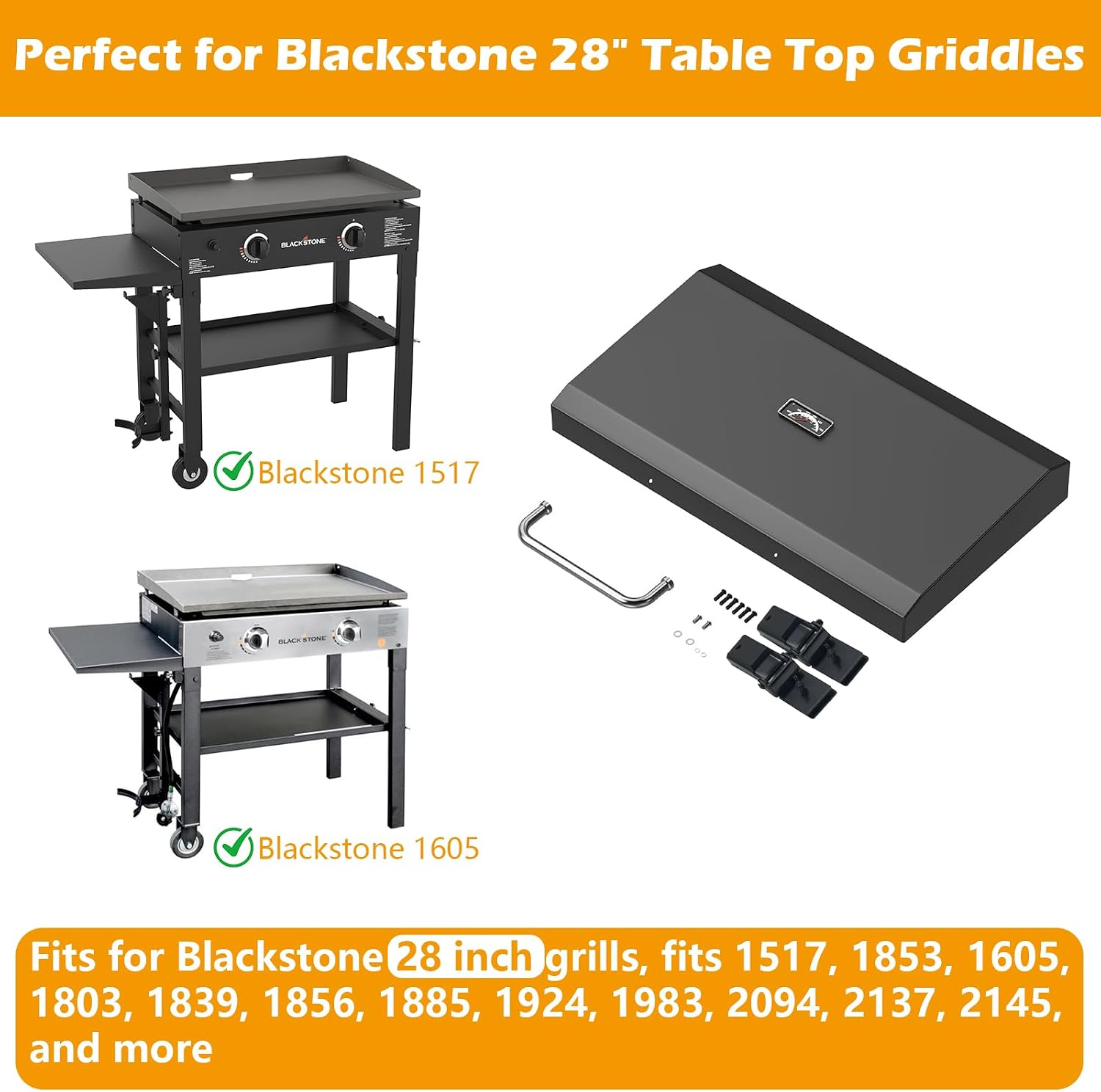 Upgrade Hinged Lid for Blackstone 28'' Griddle 1517 1853 1605 1803 1839 1856 1885 1924 1983 2137 2145 Flat Top Hard Cover Hood with Temperature Gauge for Most 28in Flat-top Grill Griddle with Handle
