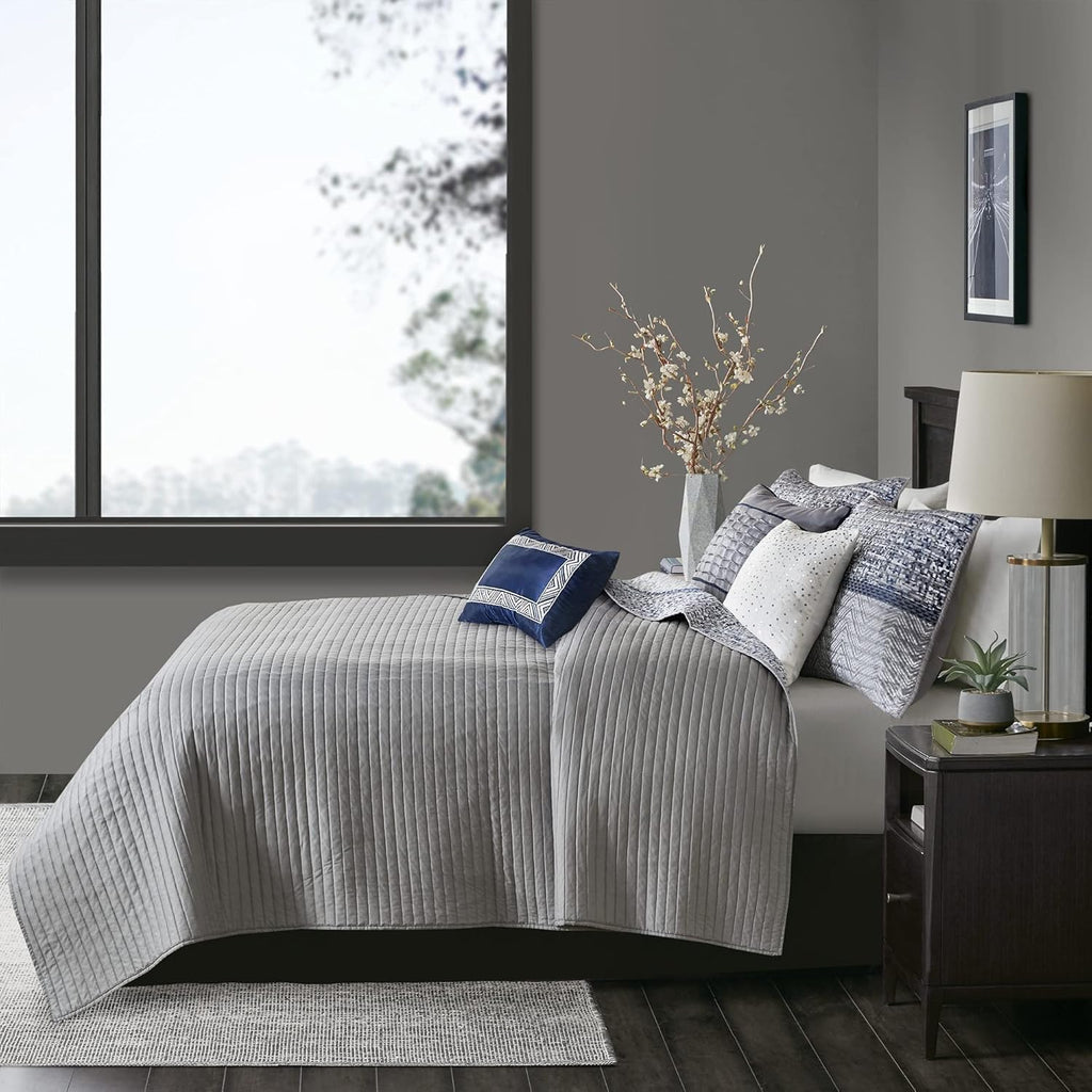 Madison Park King Quilt Set - Lustrous Jacquard & Glitter Accent Coverlet Set for King Size Bed - All Season, Lightweight, Shams, Decorative Pillow, Chevron Grey/Navy