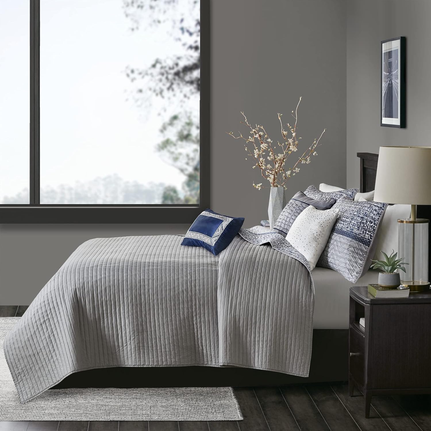 Madison Park King Quilt Set - Lustrous Jacquard & Glitter Accent Coverlet Set for King Size Bed - All Season, Lightweight, Shams, Decorative Pillow, Chevron Grey/Navy
