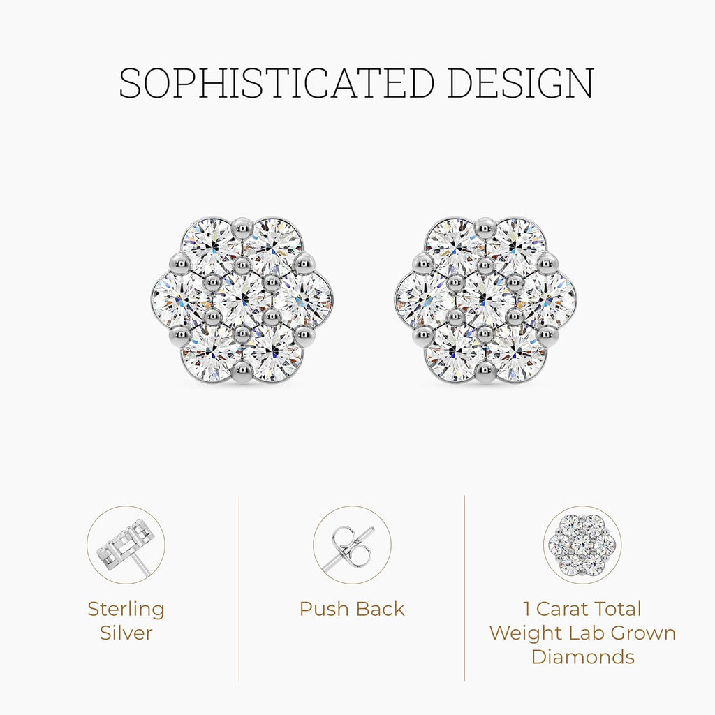 Gilded Lab-Grown Diamond 7 Stone Flower Earrings for Women in 925 Sterling Silver and 14KT Yellow Gold Plated Silver | Hypoallergenic Fine Jewelry | Hinged Closure | SI1 Clarity, F Color |1/4,1/2, 1,2 Carat Total Weight