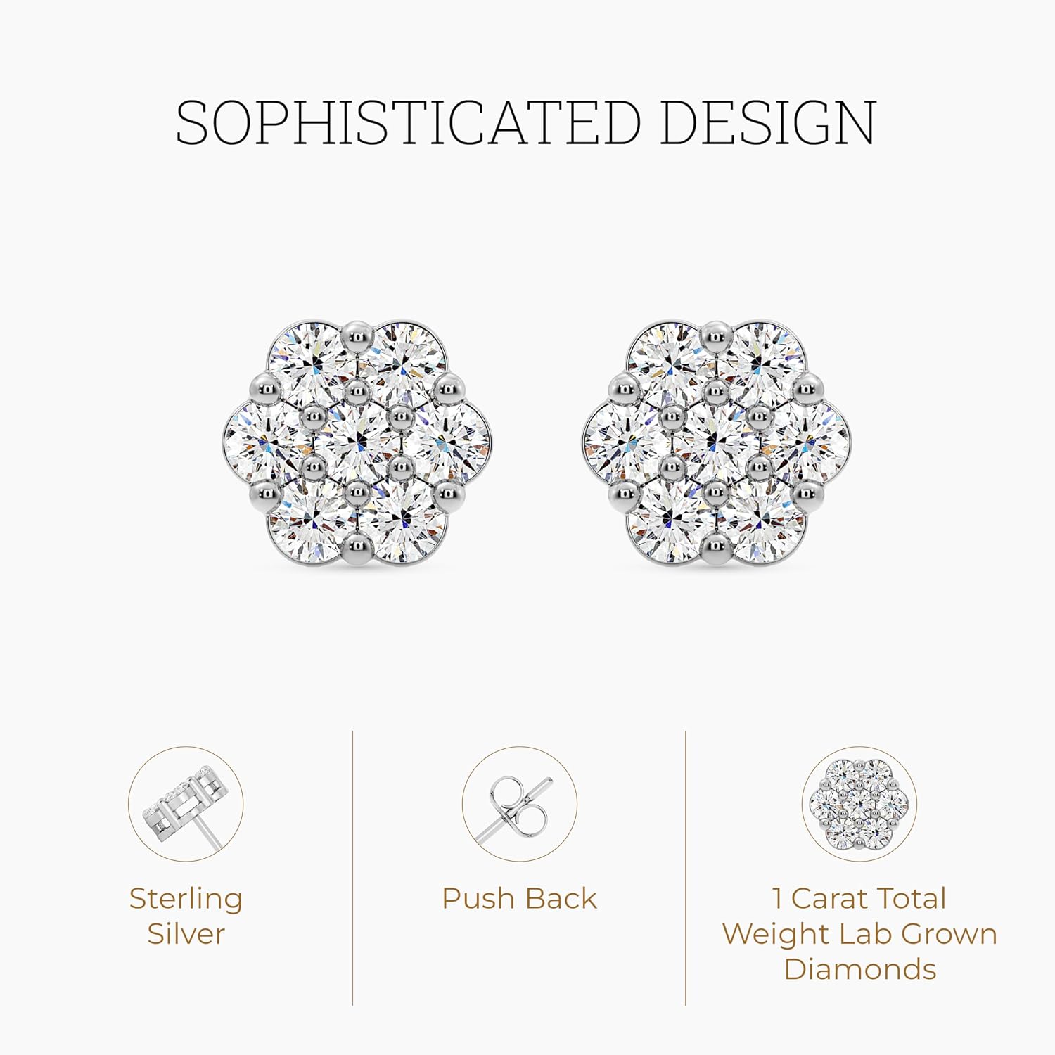 Gilded Lab-Grown Diamond 7 Stone Flower Earrings for Women in 925 Sterling Silver and 14KT Yellow Gold Plated Silver | Hypoallergenic Fine Jewelry | Hinged Closure | SI1 Clarity, F Color |1/4,1/2, 1,2 Carat Total Weight