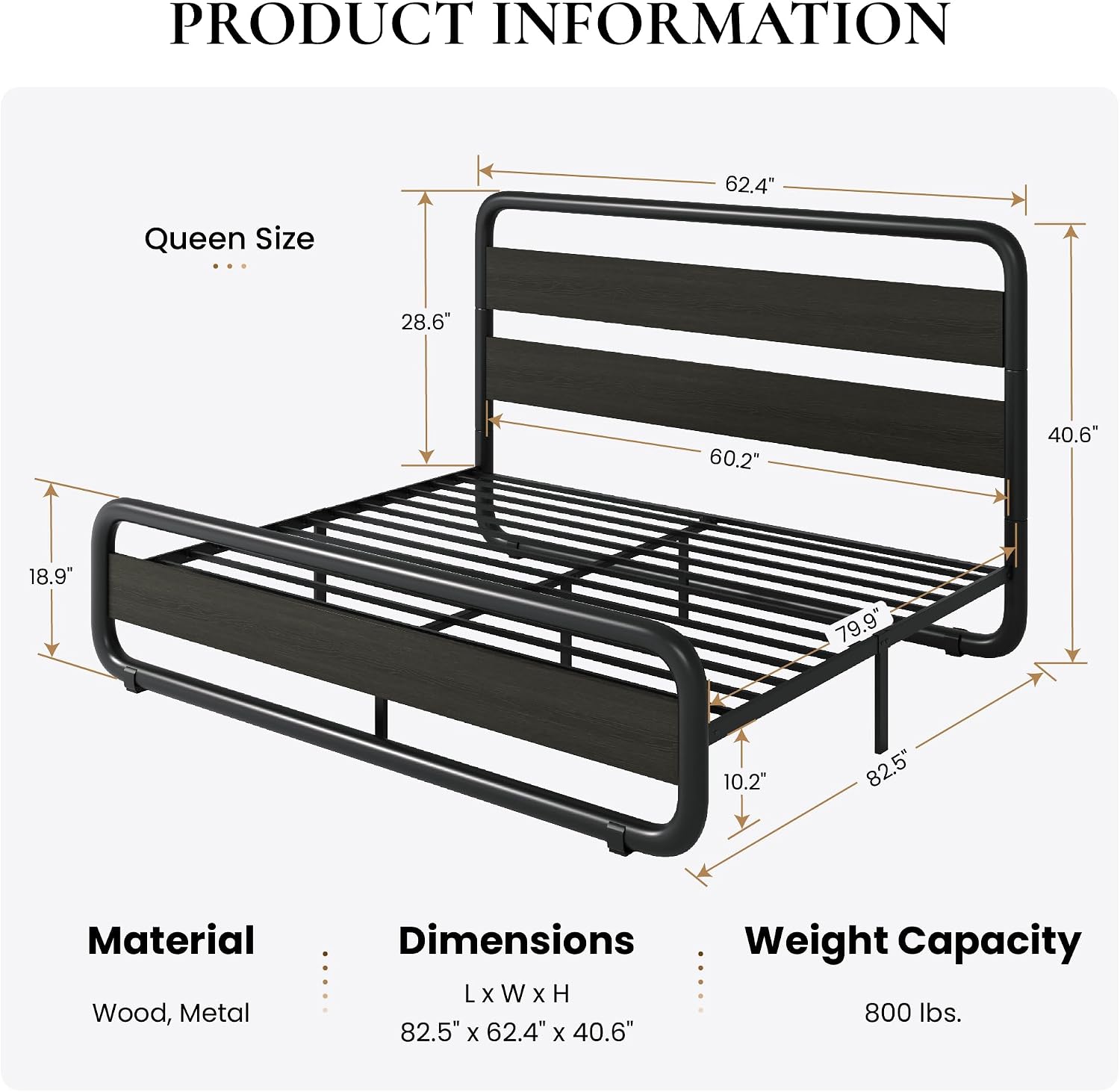 SHA CERLIN Queen Size Metal Bed Frame with Wooden Headboard and Footboard, Heavy Duty Oval-Shaped Platform Bed with Under-Bed Storage, Noise Free, No Box Spring Needed, Black