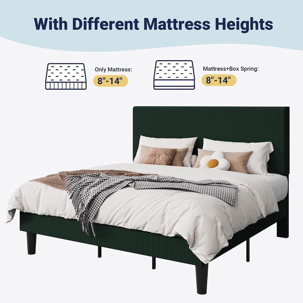 Allewie King Size Upholstered Bed Frame with Vertical Channel Tufted Headboard, Soft Corduroy Fabric Platform Bed, Strong Wooden Slats Support, Easy Assembly, No Box Spring Needed, Dark Green