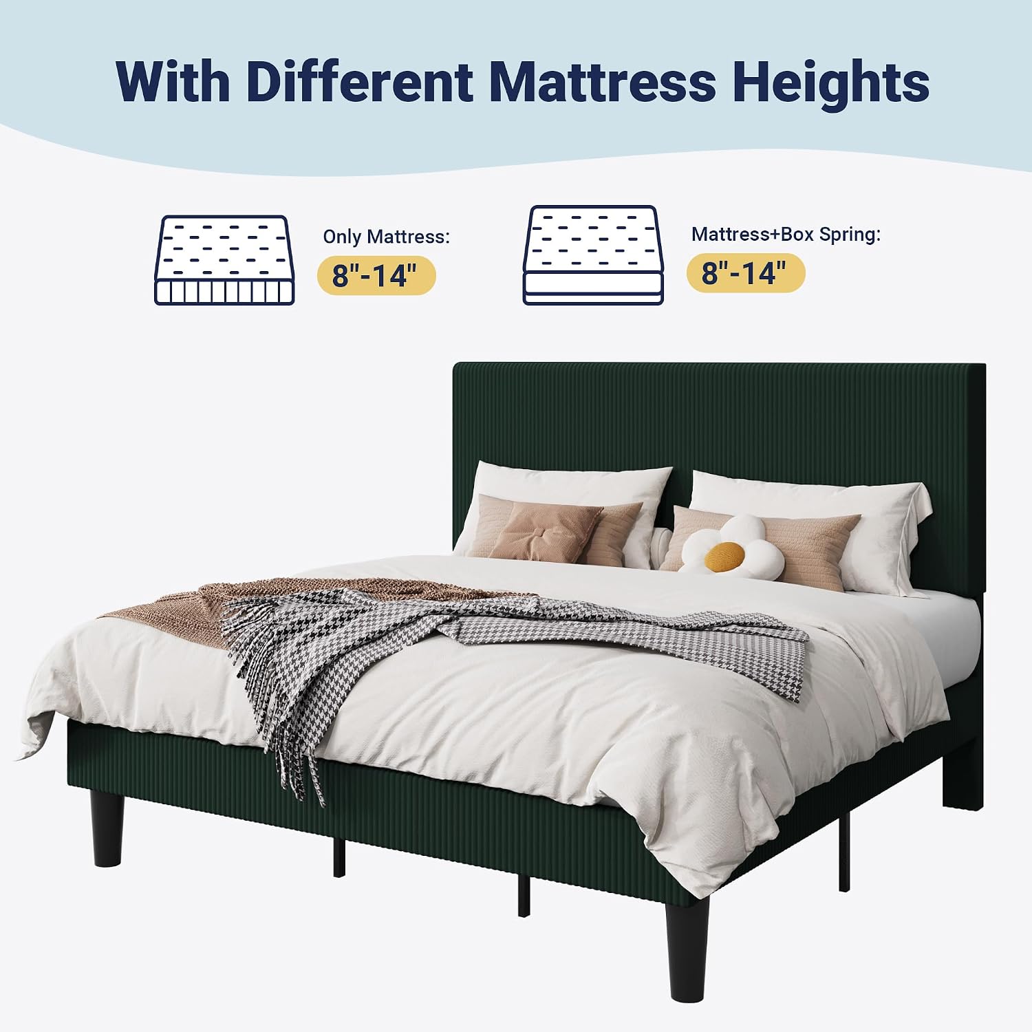 Allewie King Size Upholstered Bed Frame with Vertical Channel Tufted Headboard, Soft Corduroy Fabric Platform Bed, Strong Wooden Slats Support, Easy Assembly, No Box Spring Needed, Dark Green