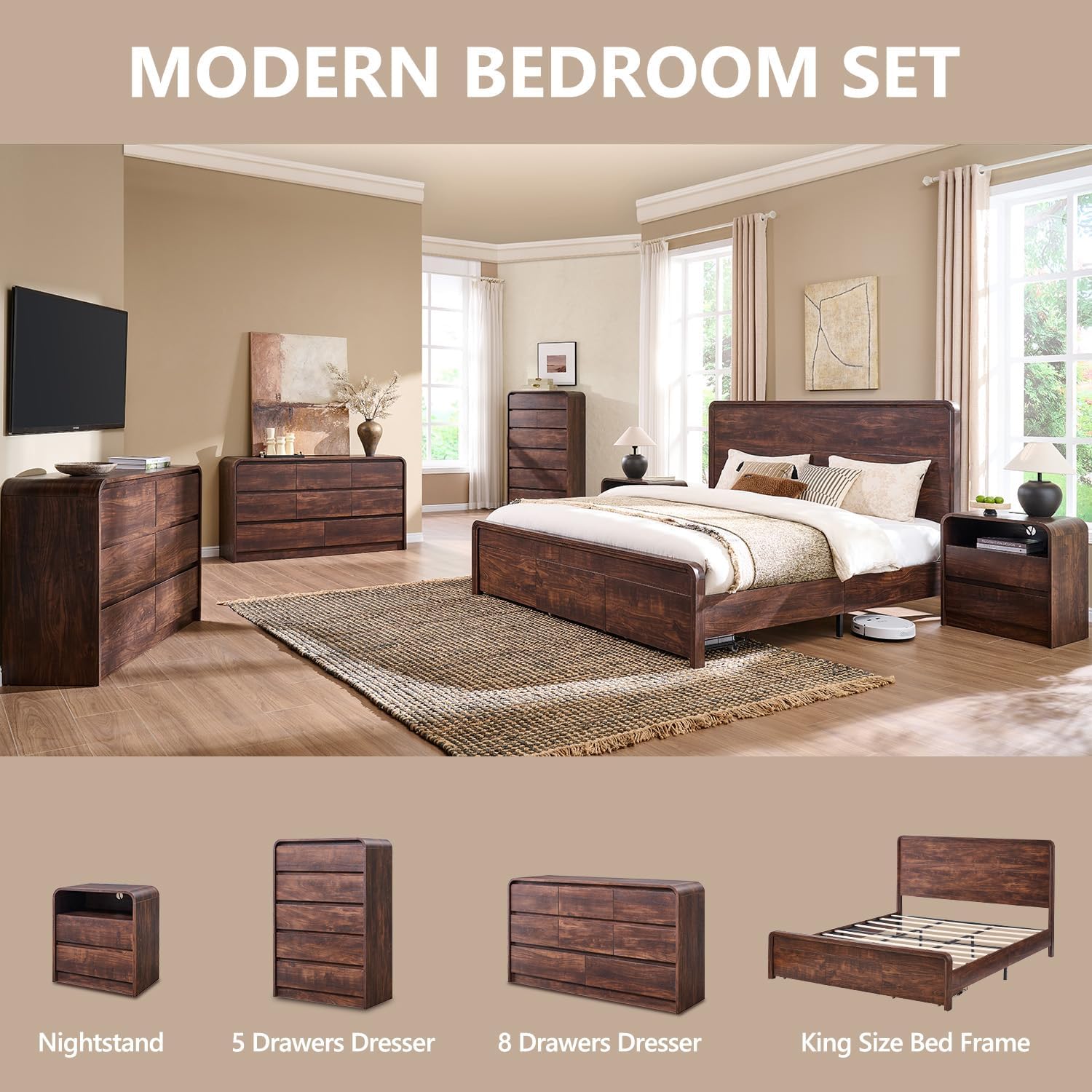 Aitjunz Modern King Size Bed Frame with 50' Tall Headboard, Wood King Size Platform Bed Frame w/3 Storage Drawers, Curved Profile Design, Wood & Steel Platform Bed, No Box Spring Needed, Dark Walnut