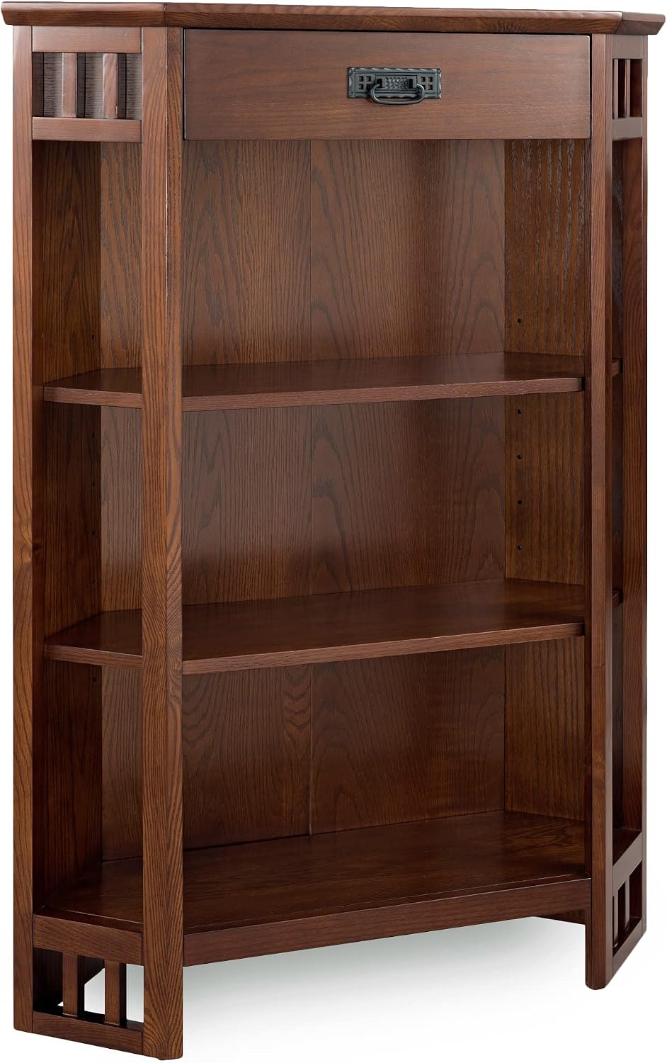 Leick Home 82263 Mission Mantel Height Corner Bookcase with Drawer Storage, Made with Solid Wood, for Entryway, Living Rooms, Home Office, Mission Oak Finish