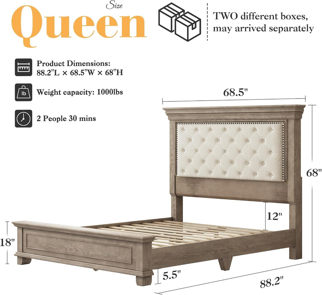 AMERLIFE 68 in Tall Queen Size Bed Frame with Upholstered Headboard, Solid Wood Farmhouse Platform Bed, Bohemian Tufted Wooden Panel Design, Noise-Free, Light Oak