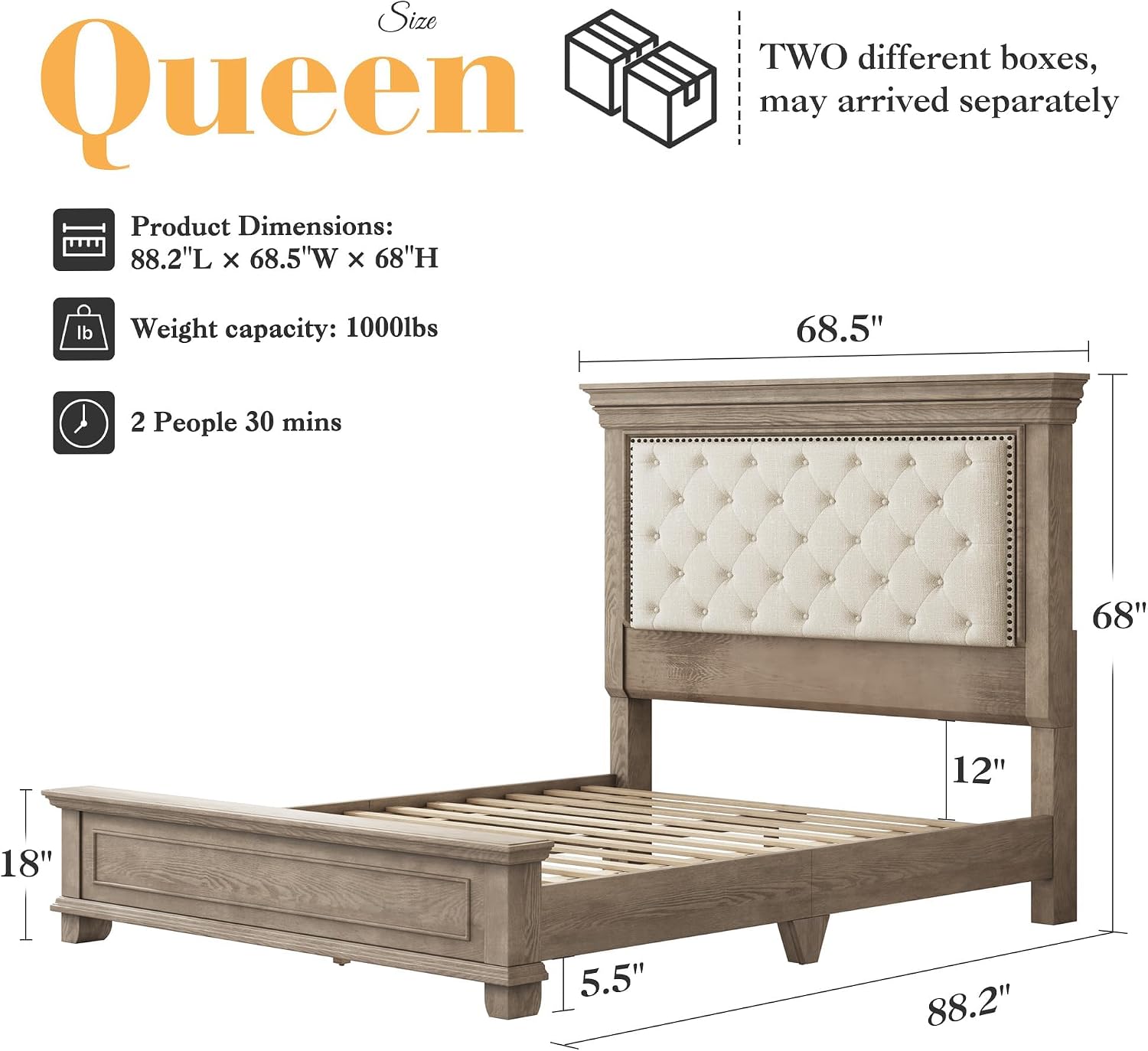 AMERLIFE 68 in Tall Queen Size Bed Frame with Upholstered Headboard, Solid Wood Farmhouse Platform Bed, Bohemian Tufted Wooden Panel Design, Noise-Free, Light Oak