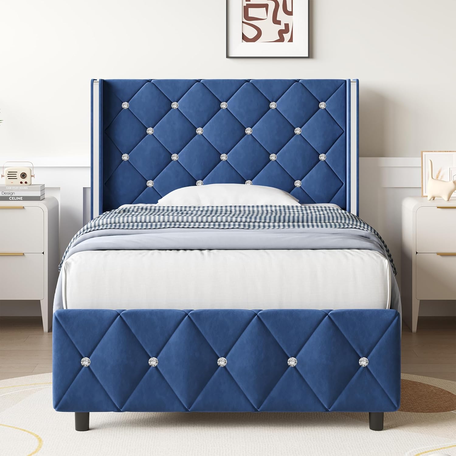 Lullabyre Twin Size Bed Frame, Upholstered Bed Frame with Diamond Tufted Headboard, Modern Silverside Wingback, No Box Spring Needed, Easy Assembly, Blue