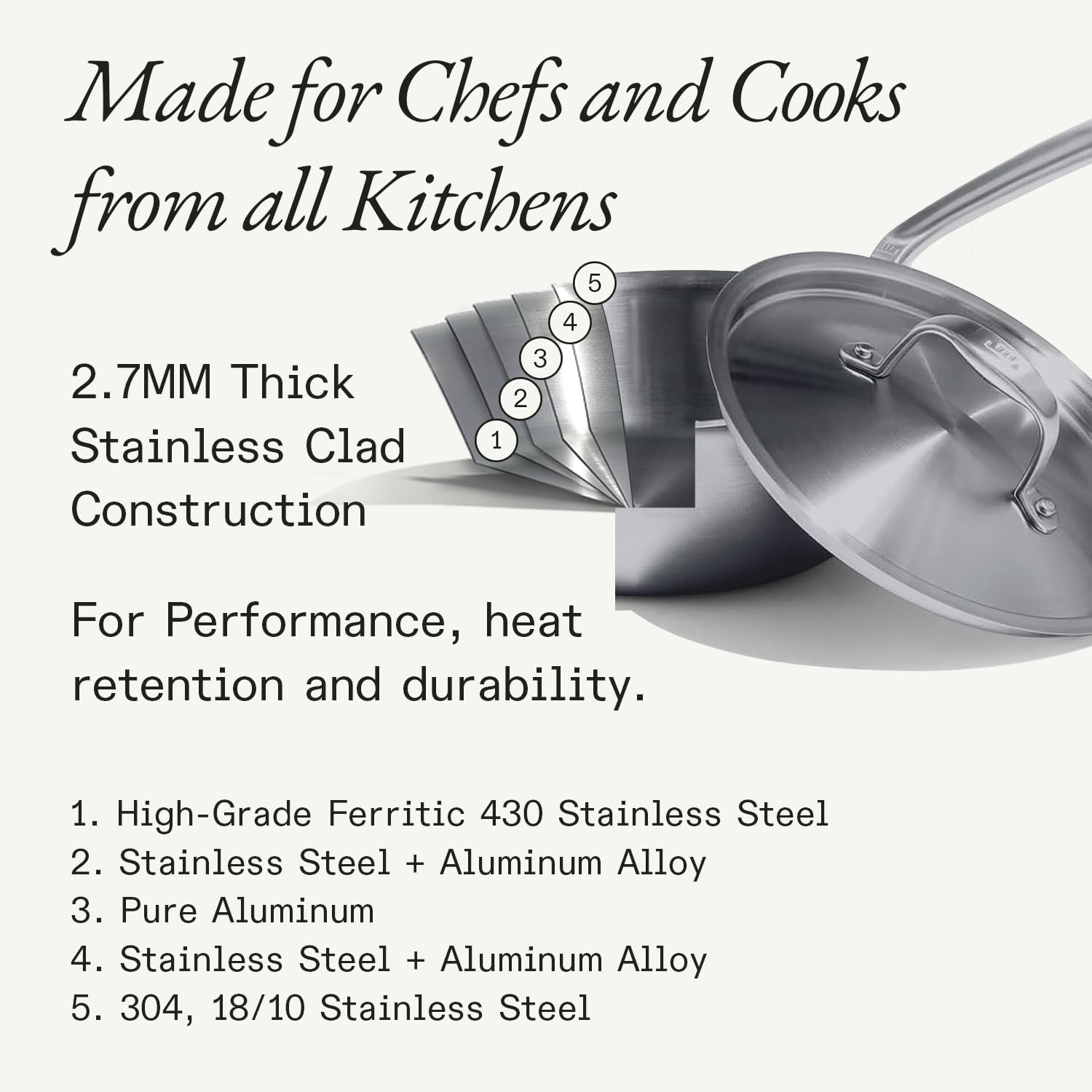 Made In Cookware | 3.5 Quart Stainless Steel Saute Pan | 5 Ply Stainless Clad | Professional Cookware | Induction Compatible | Crafted in Italy