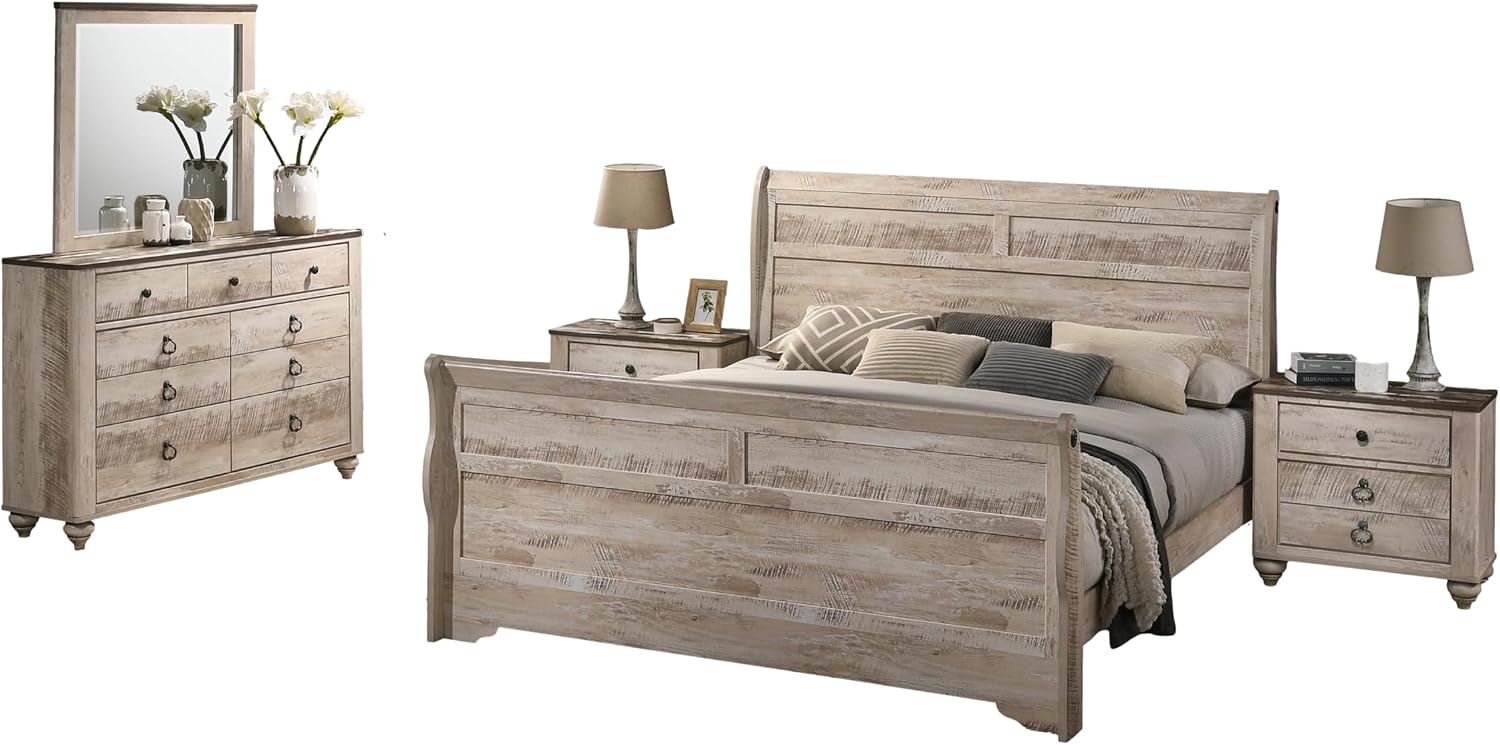 Roundhill Furniture Amerland Contemporary White Wash Finish 5-Piece Bedroom Set,