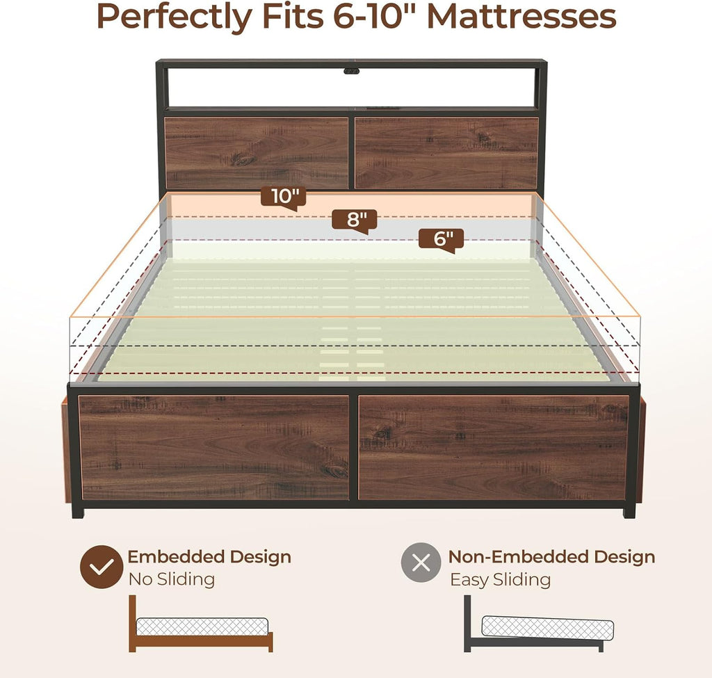 Rolanstar Twin Bed Frame with 4 Storage Drawers & 2-Tier Storage Headboard, Metal Platform Bed Frame with Charging Station & LED Lights, Noise-Free, No Box Spring Needed, Easy Assembly, Espresso
