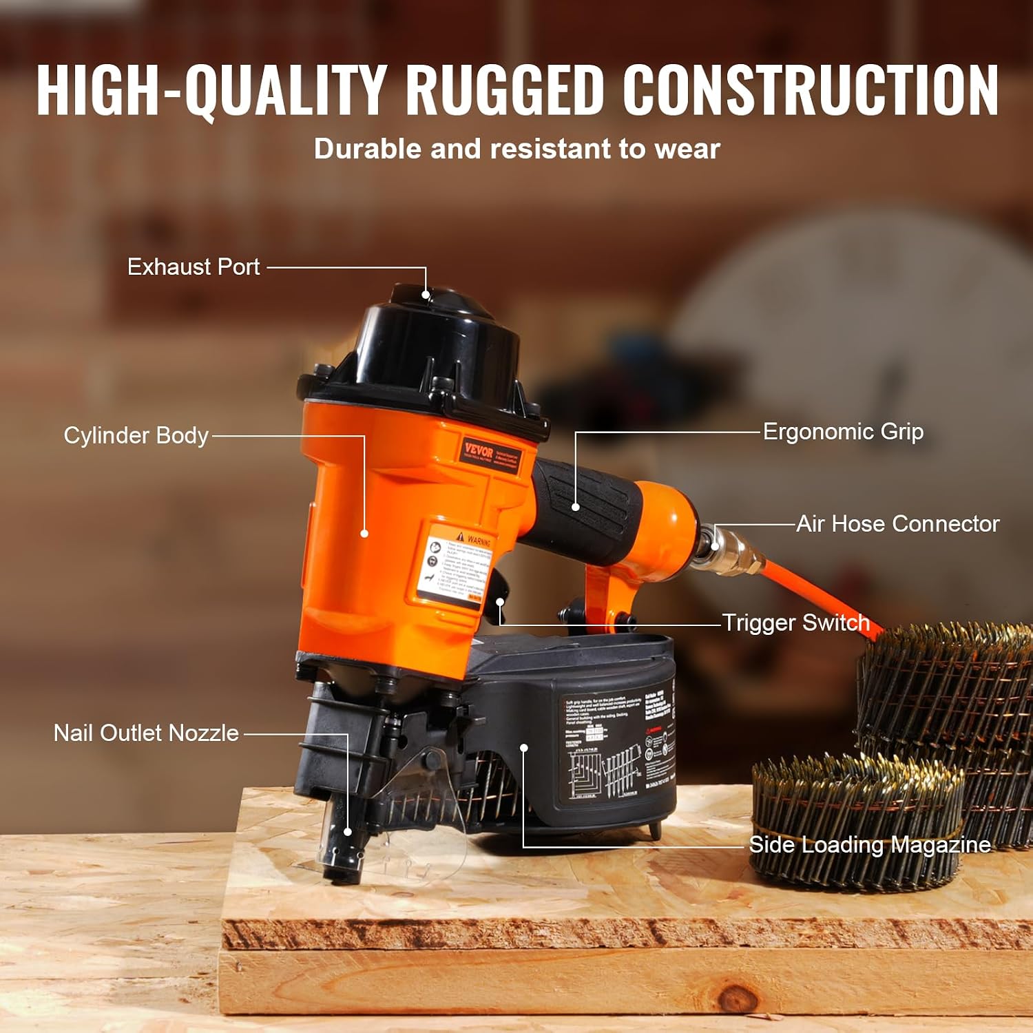 VEVOR MCN55 Coil Siding Nailer, 70-120PSI Air Coil Nailer 1 inch to 2-1/4 inch 15 Degree Pneumatic Siding Nail Gun for Siding, Pallet Sheathing, Fencing, Decking