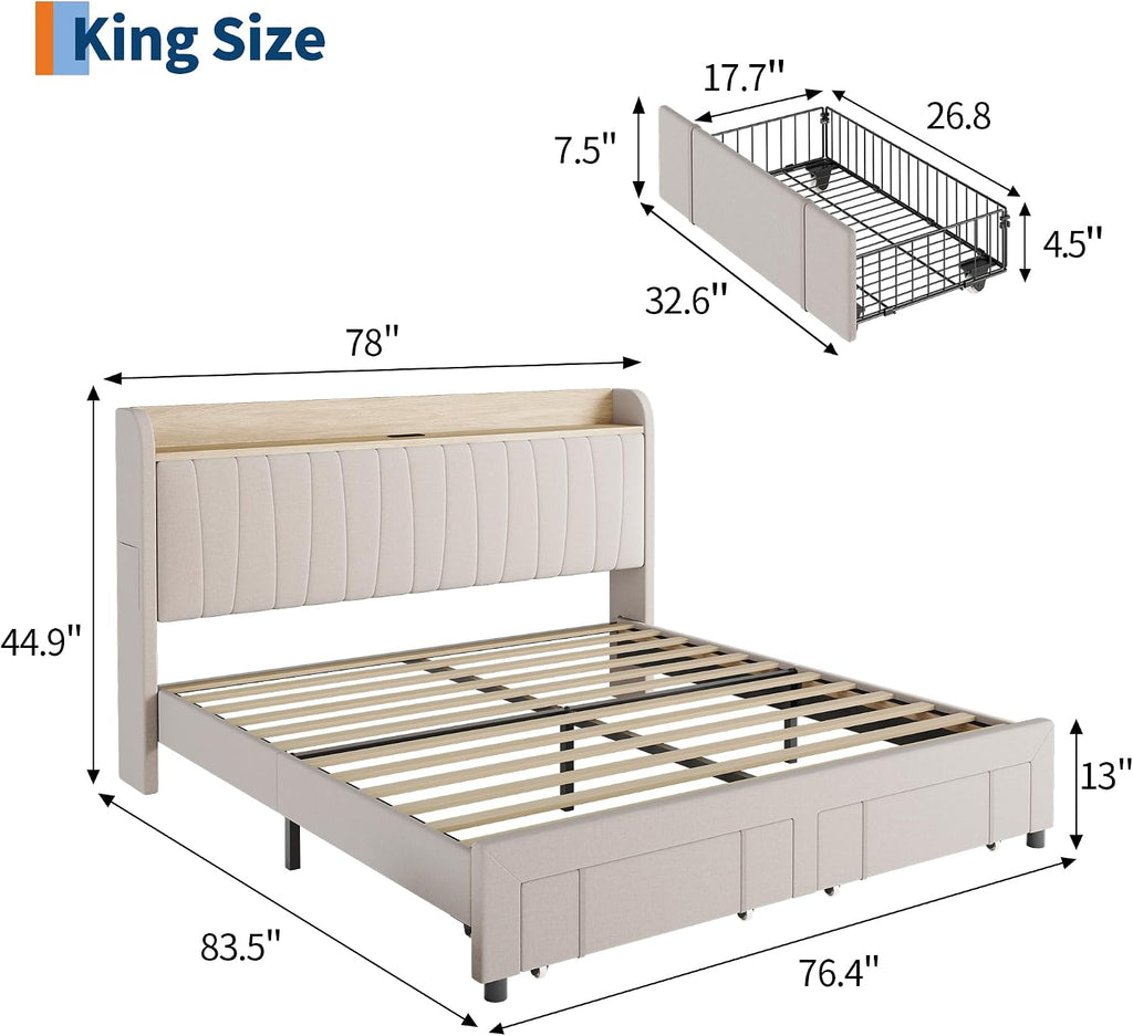 GarveeHome King Size Bed Frame with Storage Headboard, Upholstered Platform Beds with Drawers, Charging Station, Noise-Free, No Box Spring Needed, Easy Assembly, Beige