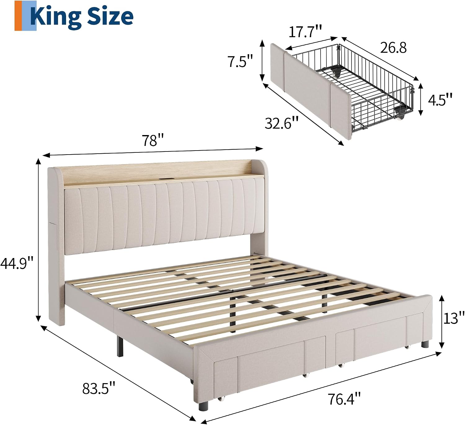 GarveeHome King Size Bed Frame with Storage Headboard, Upholstered Platform Beds with Drawers, Charging Station, Noise-Free, No Box Spring Needed, Easy Assembly, Beige