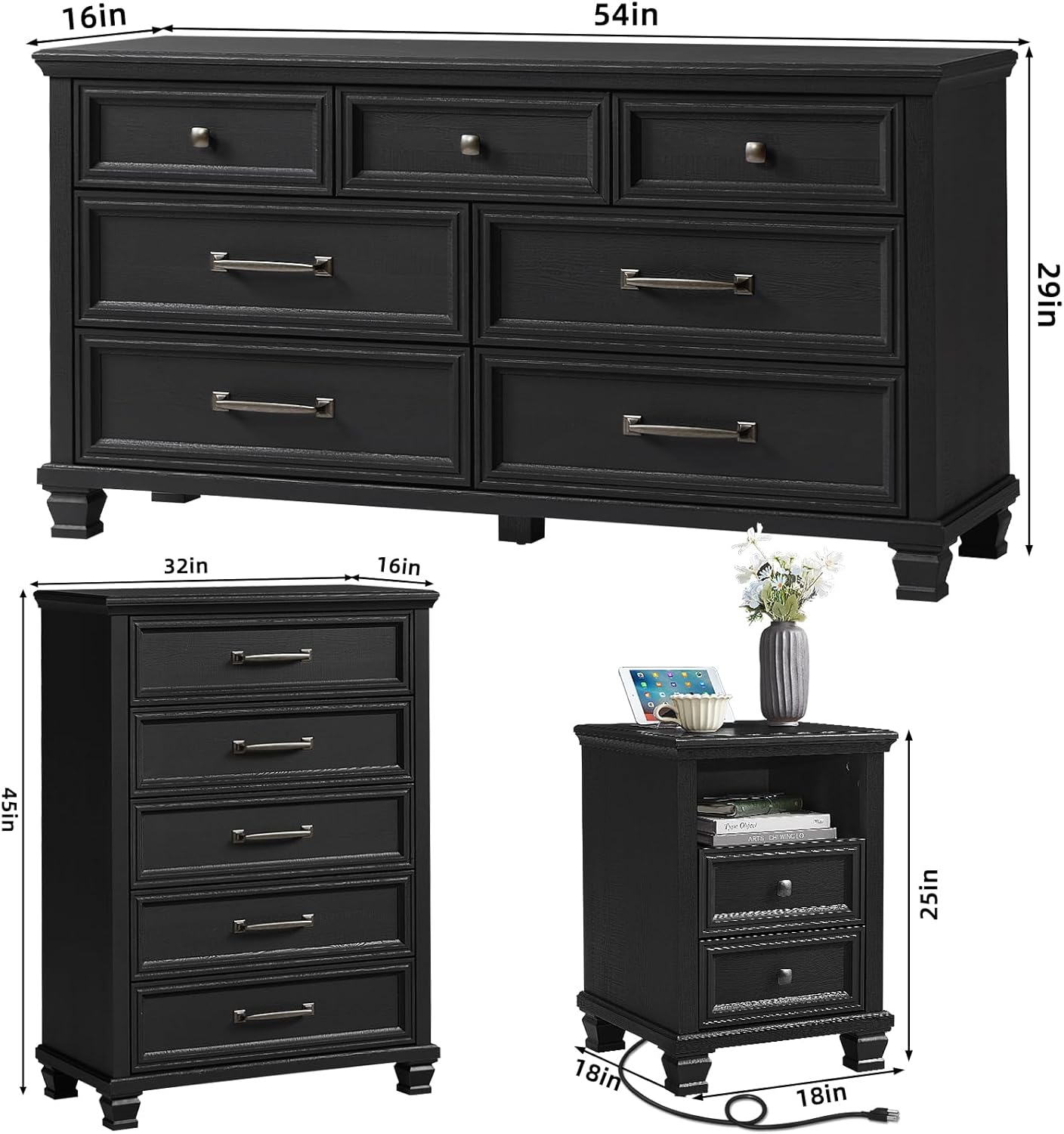 SAVOR LIFE Farmhouse Bedroom Dresser and Nightstand Set 3, 5/7 Drawer Dresser & 2 Drawer Nightstand Set, Rustic Wood Bedroom Furniture Set 3 for Home, Hallway, Black