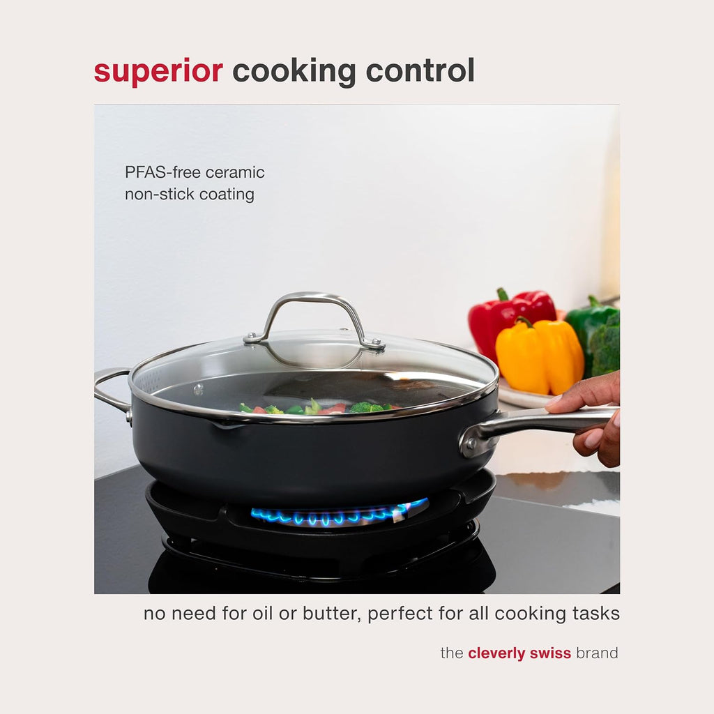 Zyliss Ultimate Pro Sauté Pan with Lid - Aluminium Pan with Non-Stick Ceramic Coating & Glass Lid - Durable & Versatile Cooking & Searing Pan - Dishwasher & Oven-Safe - 11'