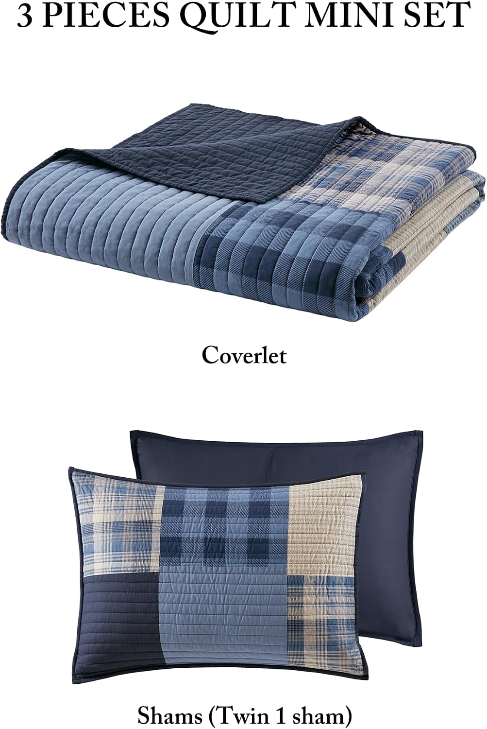 Woolrich Winter Hills Reversible Quilt Set - Cottage Styling Reversed to Solid Color, All Season Lightweight Coverlet, Cozy Bedding Layer, Matching Shams, Oversized Full/Queen, Plaid Blue 3 Piece