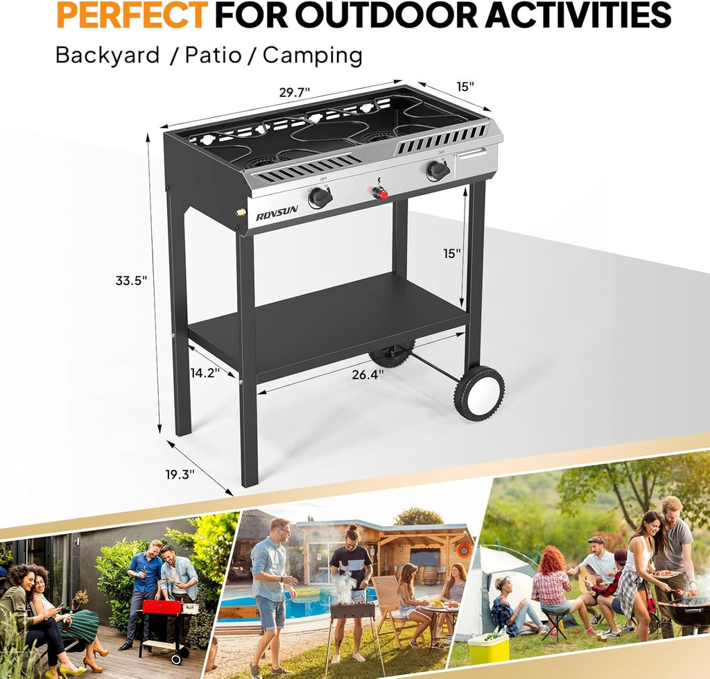 ROVSUN 2 Burner Propane Stove with Auto Ignition, 150,000 BTU Gas Stove with Storage Shelf, Rolling Wheels & Regulator for Home Outdoor Backyard Camping Cooking Frying Brewing Canning
