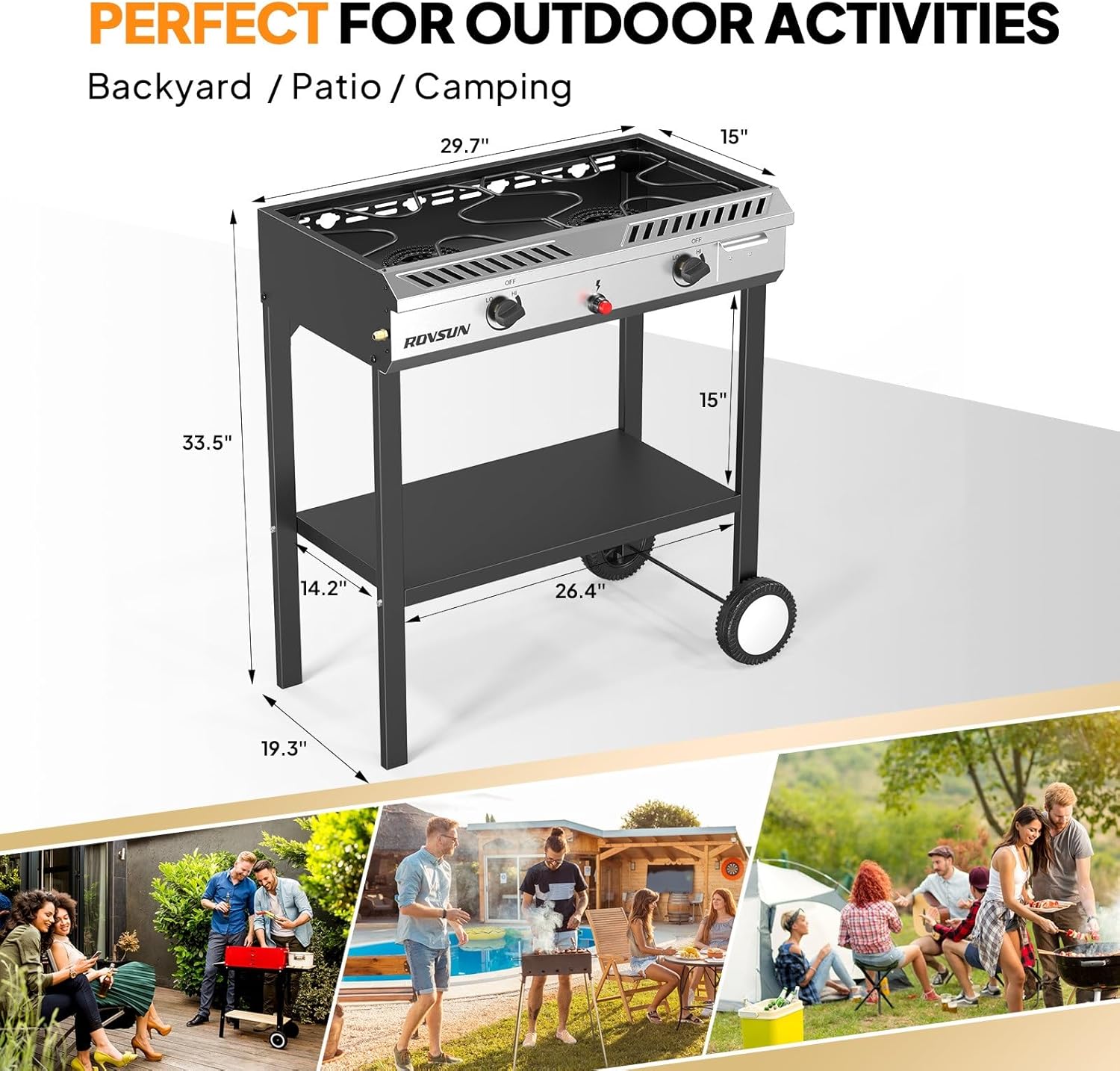 ROVSUN 2 Burner Propane Stove with Auto Ignition, 150,000 BTU Gas Stove with Storage Shelf, Rolling Wheels & Regulator for Home Outdoor Backyard Camping Cooking Frying Brewing Canning