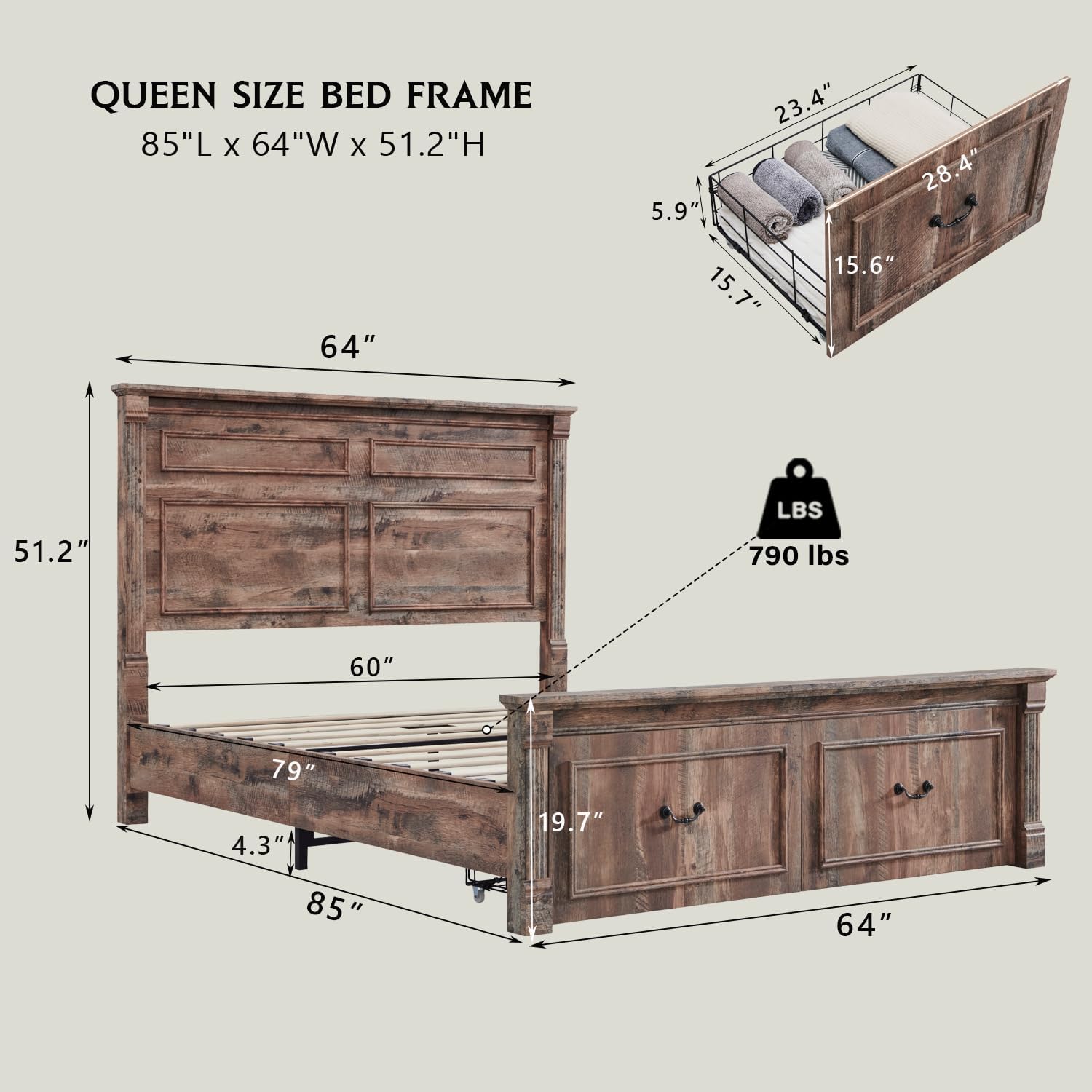 Aitjunz Farmhouse Queen Size Bed Frame with 51' Tall Headboard, Wood Platform Bed Frame with 20' Tall Roman Column Decoration Footboard & 2 Large Storage Drawers, No Box Spring Needed (Light Brown)