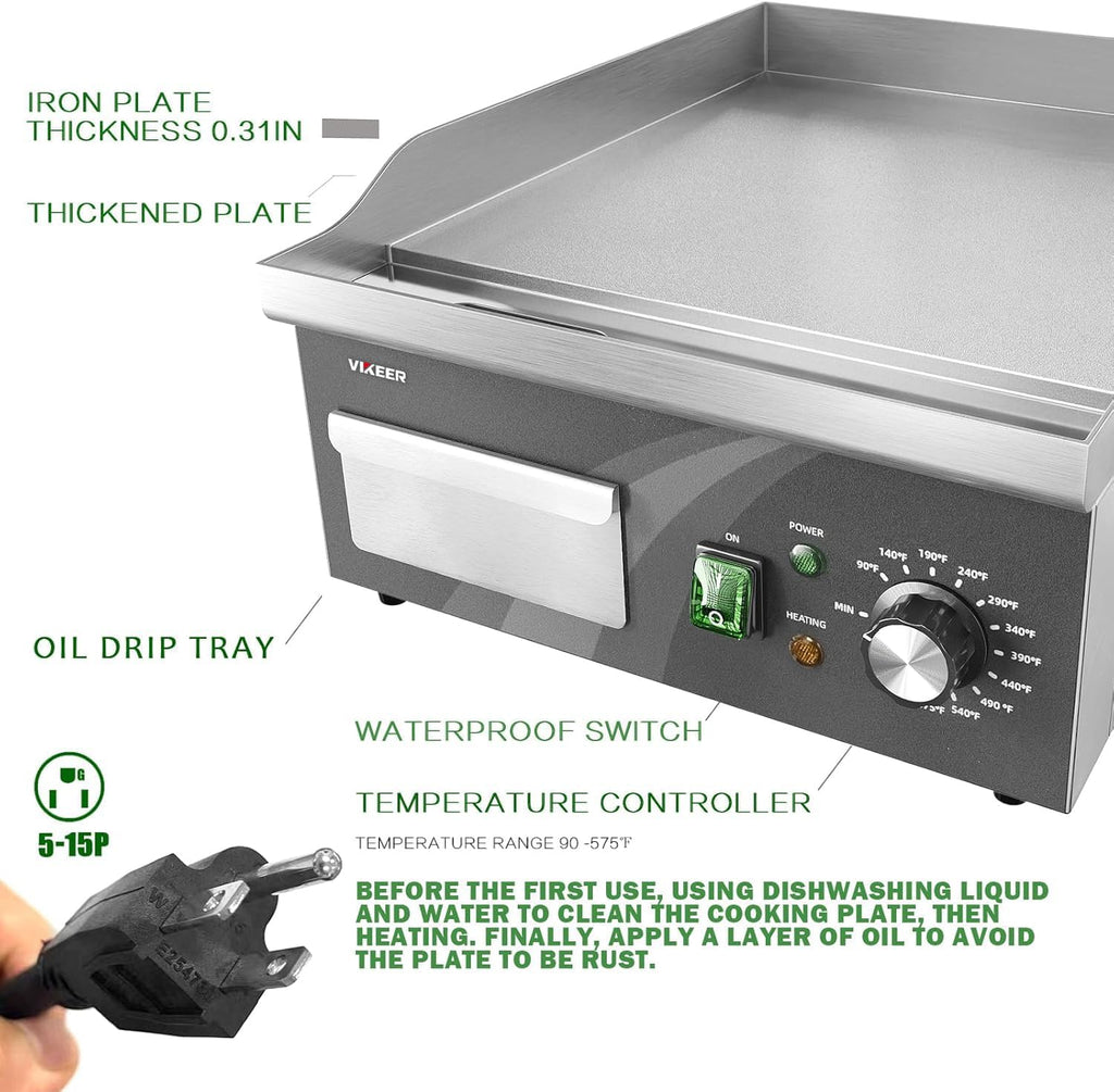 Electric Griddle, 14 Inch Flat Top Grill Commercial Electric Griddles Stainless Steel Adjustable Temperature Control 90℉-575℉ for Home or Restaurant Use