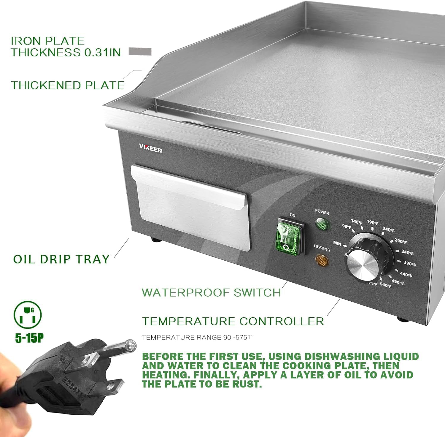 Electric Griddle, 14 Inch Flat Top Grill Commercial Electric Griddles Stainless Steel Adjustable Temperature Control 90℉-575℉ for Home or Restaurant Use