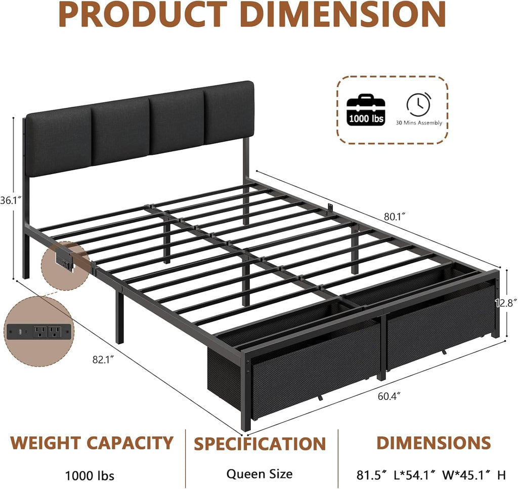 Furnulem Queen Bed Frame with Charging Station and LED Lights, Upholstered Headboard, Metal Platform Bed with 2 Fabric Storage Drawers, Noise Free, No Box Spring Needed, Gery