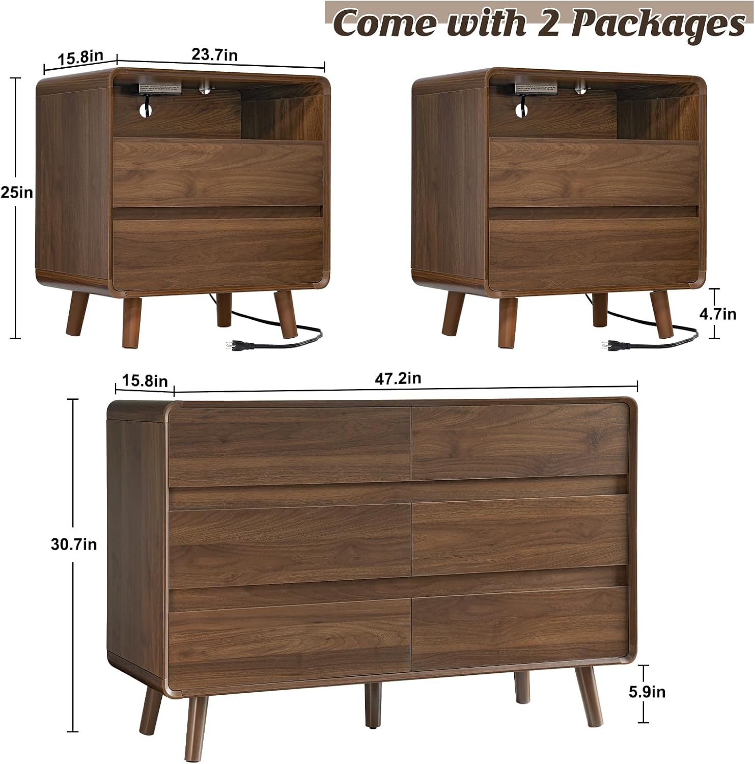 Nasonet Dresser and Nightstand Sets 3 Piece, 6 Drawer Dresser for Bedroom and Nightstands Set of 2, Wood Chest of Drawers Night Stand Mid Century Modern Bedroom Furniture Set, Walnut