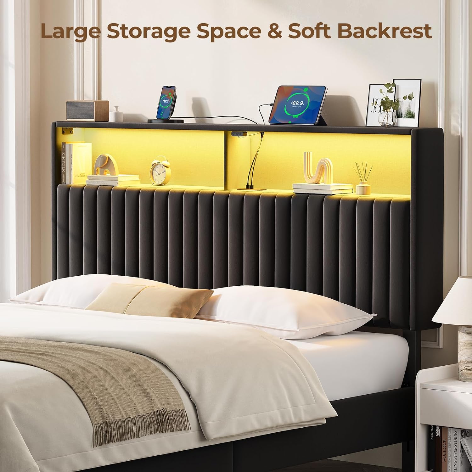 Rolanstar Headboard for Queen Size Bed with Storage, Head Board with USB & Type C Port, 60,000 DIY Color of LED Light, Velvet Upholstered, Height Adjustable, Sturdy, Easy Assembly, Black