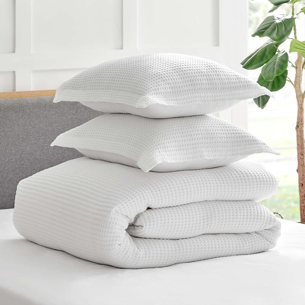 Levtex Home Mills Waffle Queen Duvet Cover Set (90x94in) with 2 Pillow Shams (26x20in) - Bright White - 100% Cotton Queen Size Duvet Cover Set - Soft, Pre-Washed