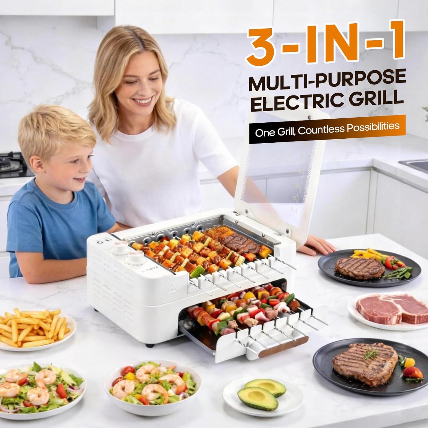 3-IN-1 Skewer Electric Indoor Grill - 1000W Electric Grill with 360° Auto-Rotating, Smokeless Indoor Grill with 3 Cooking Modes, Temperature Adjustable, Removable Tempered Glass Lid