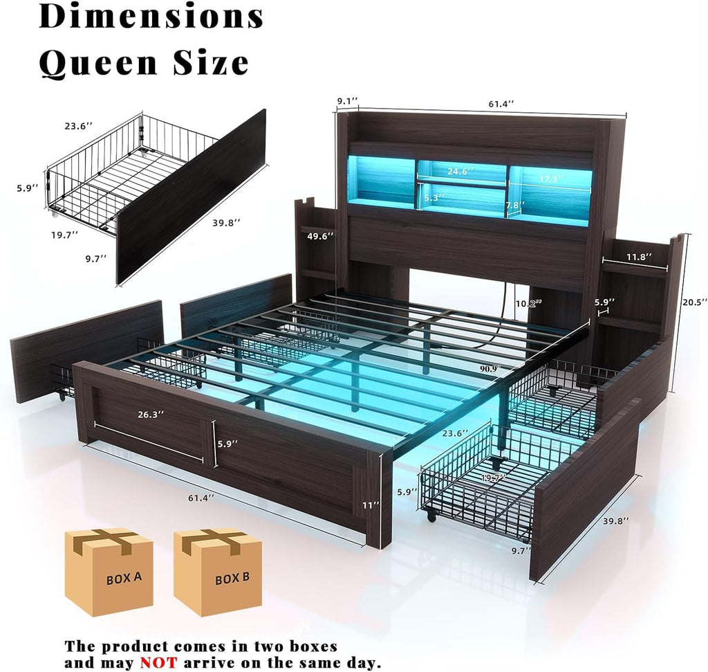 LUXOAK Queen Bed Frame with 49.6' Bookcase Headboard & 2 Bedside Stoage Racks & 4 Drawers, Farmhouse Wood Bed Frame with RGB LED & Charging Station, No Box Spring Needed, Black
