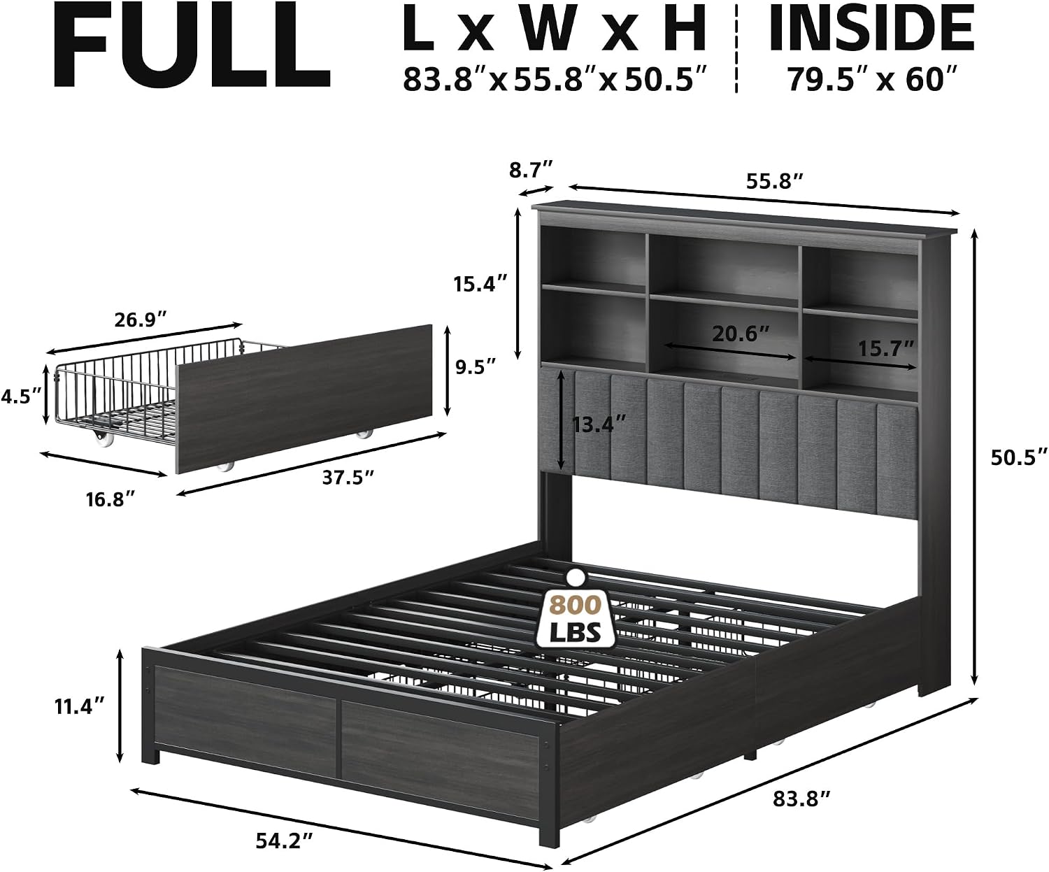 HISOFT Full Bed Frame with Storage Headboard, Wood Bed with High Storage Bookcase, 4 Drawers & LED & Charging Station,No Box Spring Needed/Noise Free/All-Metal Support, Rustic Grey