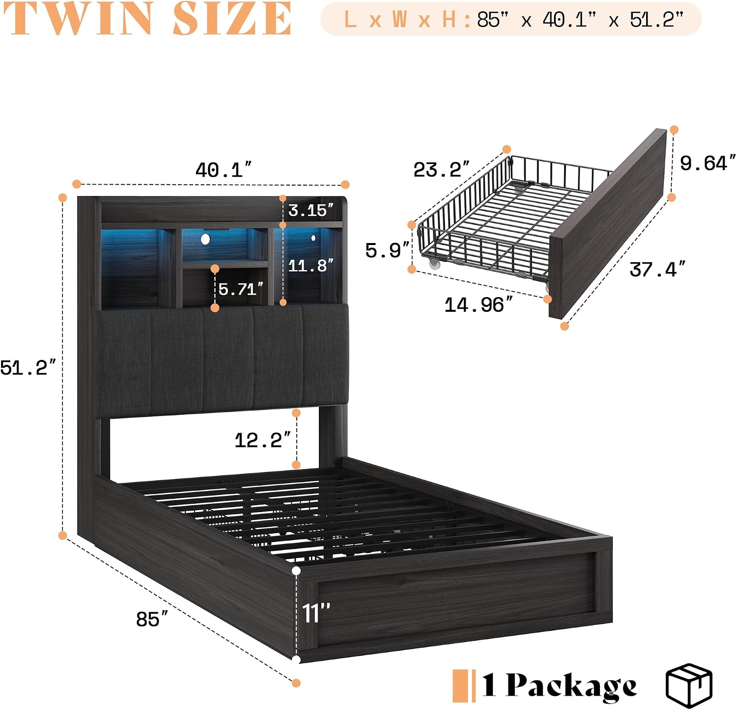 AMERLIFE Twin Bed Frame with 51.2' Tall Bookcase Headboard, Farmhouse Platform Bed with 4 Storage Drawers, Linen Upholstered, Charging Station & Storage, Rustic Black