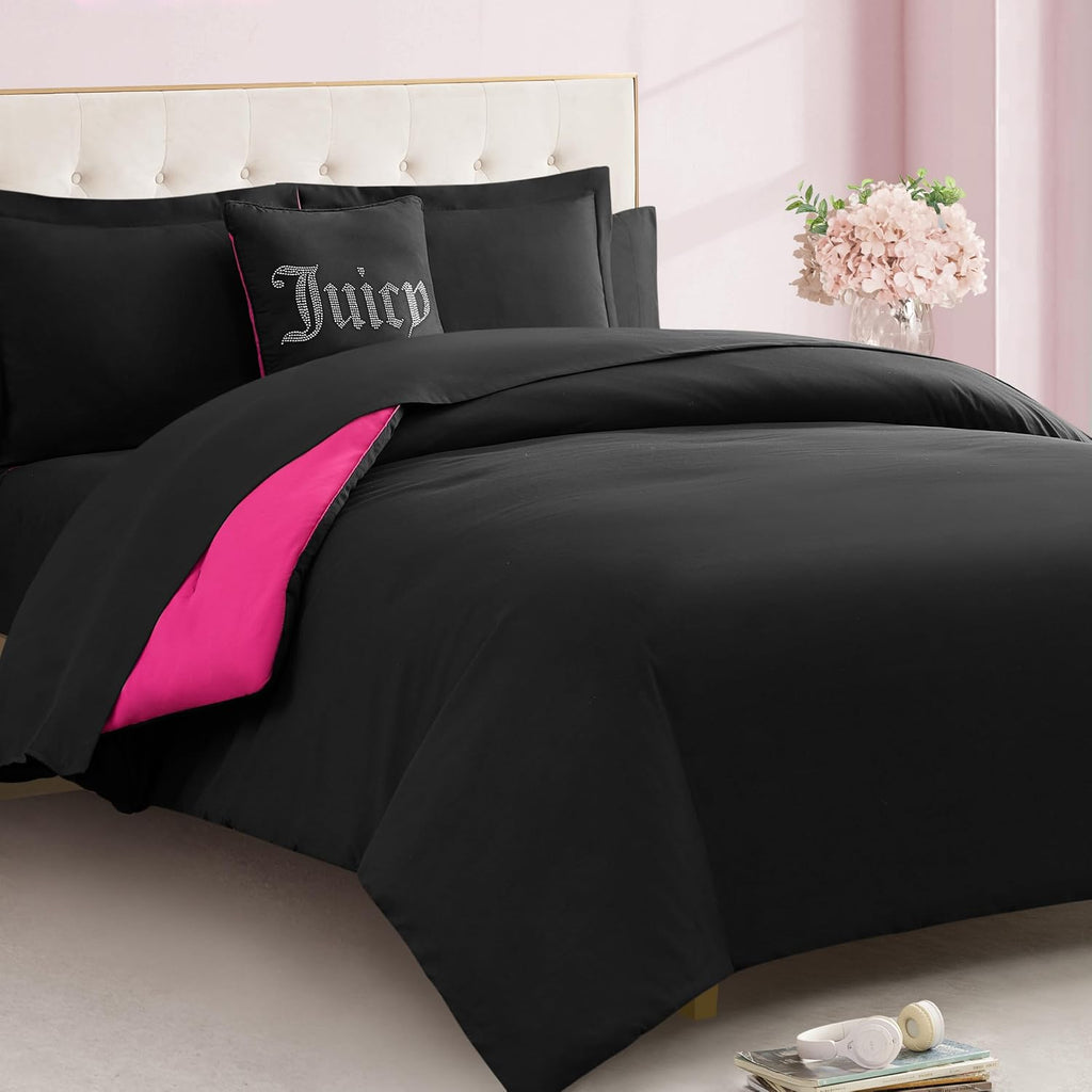 Juicy Couture Alexis Reversible Comforter Set, Twin Bed in a Bag – Black/Hot Pink, 6-Piece Bedding Collection