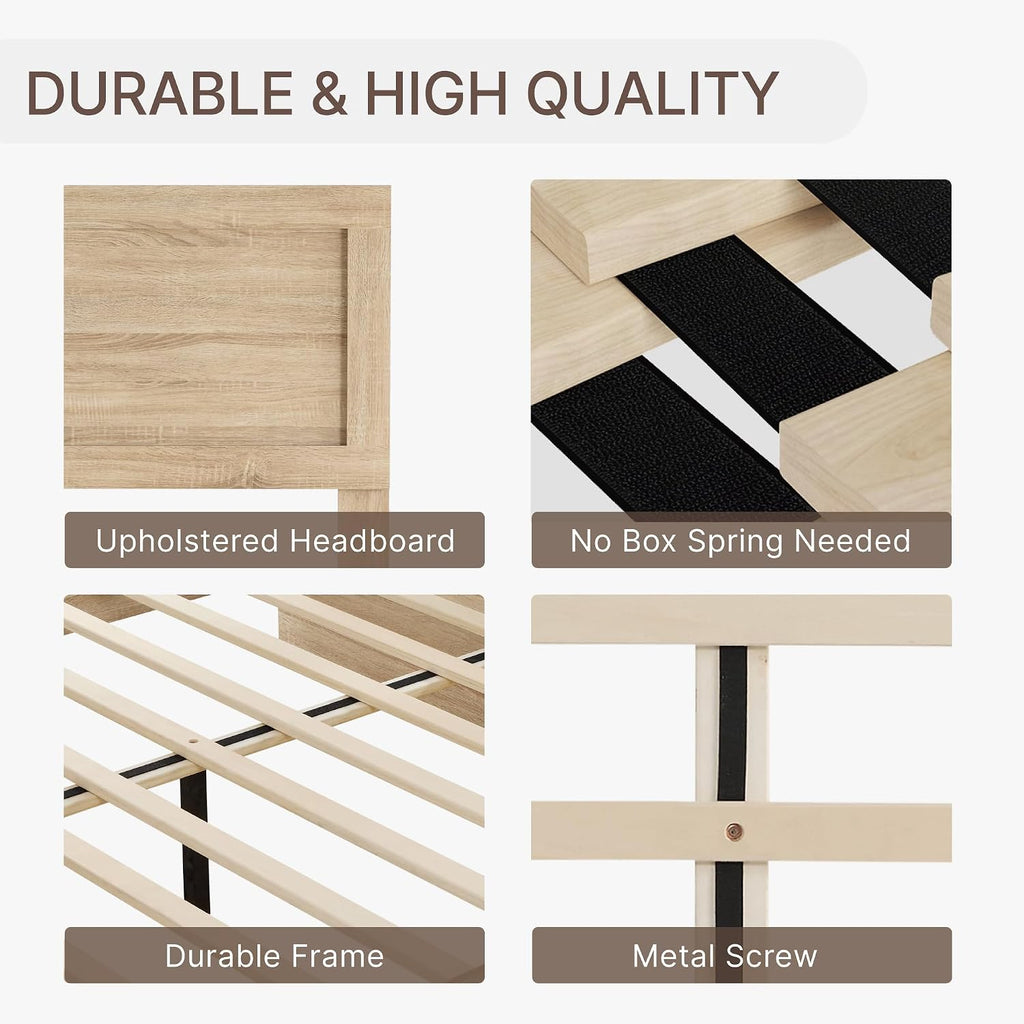 KISLOT 3 Pieces Bedroom Set, Queen Size Wood Platform Bed Frame and 2 Nightstands, Storage Nightstand with Type-C Charging Port, Farmhouse Bedroom Furniture Set
