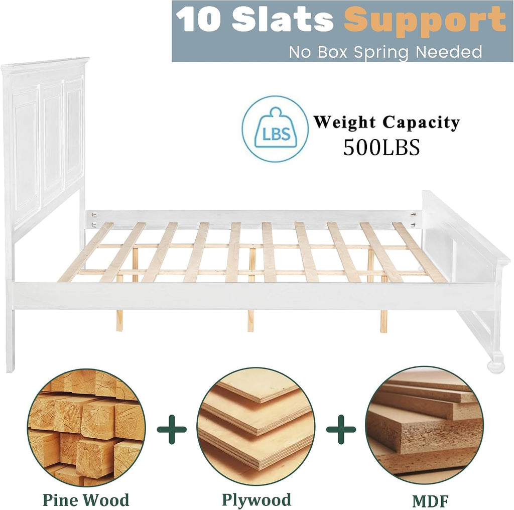 Wood Bed Frame King with Tall Headboard & Footboard, Traditional King Panel Bed with USB Charging Station for Bedroom, Guest Room, Easy Assembly, No Box Spring Required,White