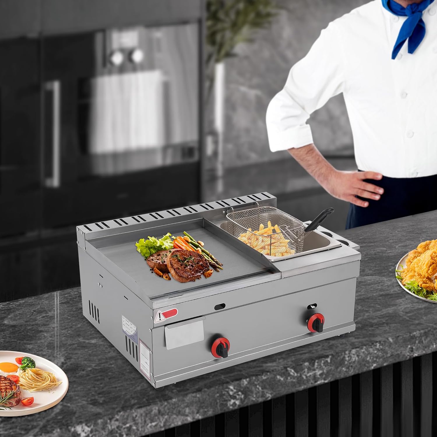 Commercial Flat Top Grill and 6L Deep Fryer Combo, Gas Nonstick Griddle, Countertop Stainless Steel Griddle and Deep Fryer with Basket for French Fry Restaurants Fast Food Stands