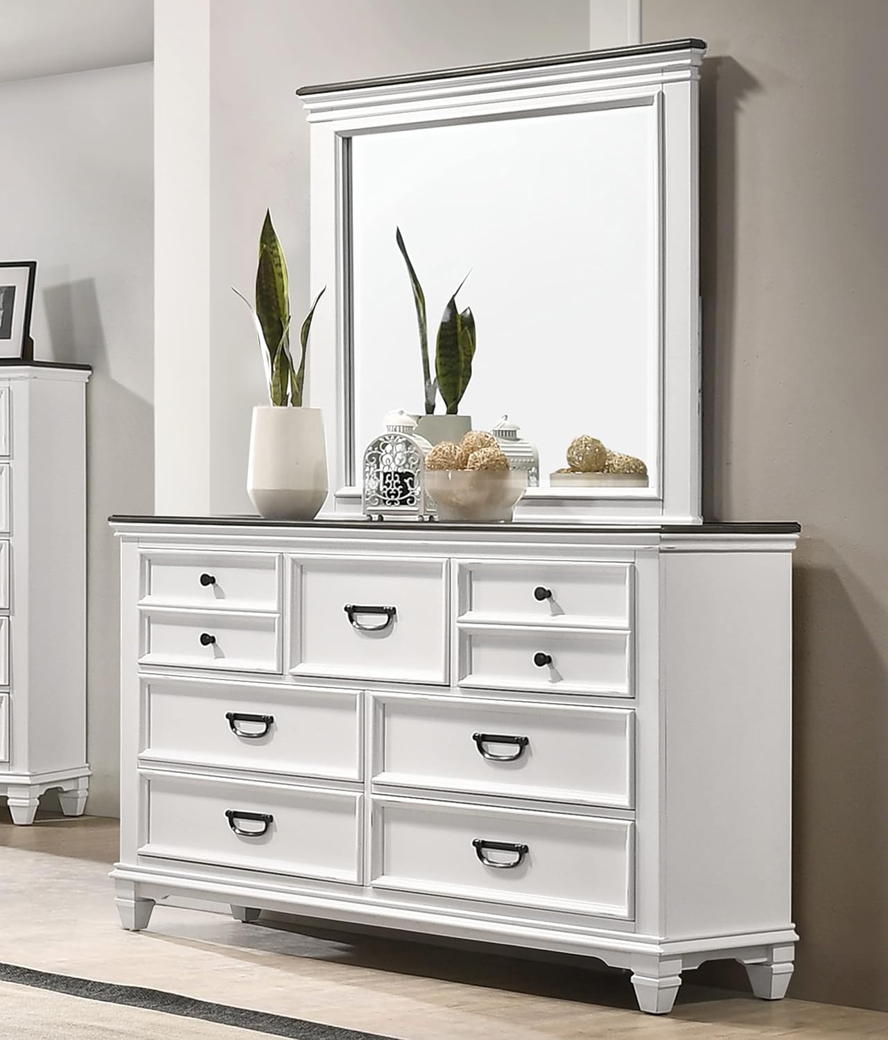Clelane Wood Bedroom Set with Shiplap Panel King Bed, Dresser, Mirror, Nightstand, and Chest in Weathered White and Dark Gray