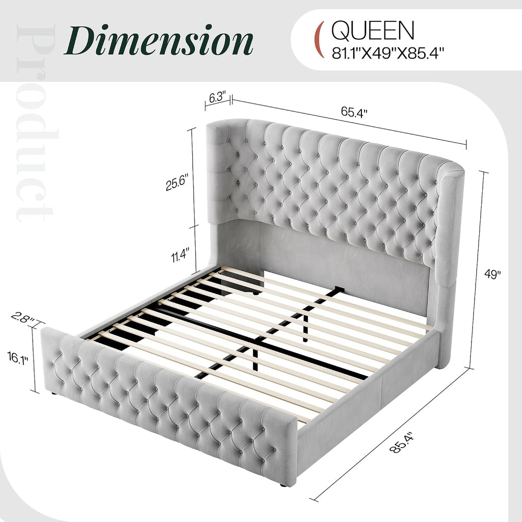 Jocisland Queen Size Platform Bed Frame, 6.3' Thick Upholstered Curved Wingback Headboard and Footboard with Deep Button Tufted, Easy Assembly, No Box Spring Needed, Light Grey Velvet