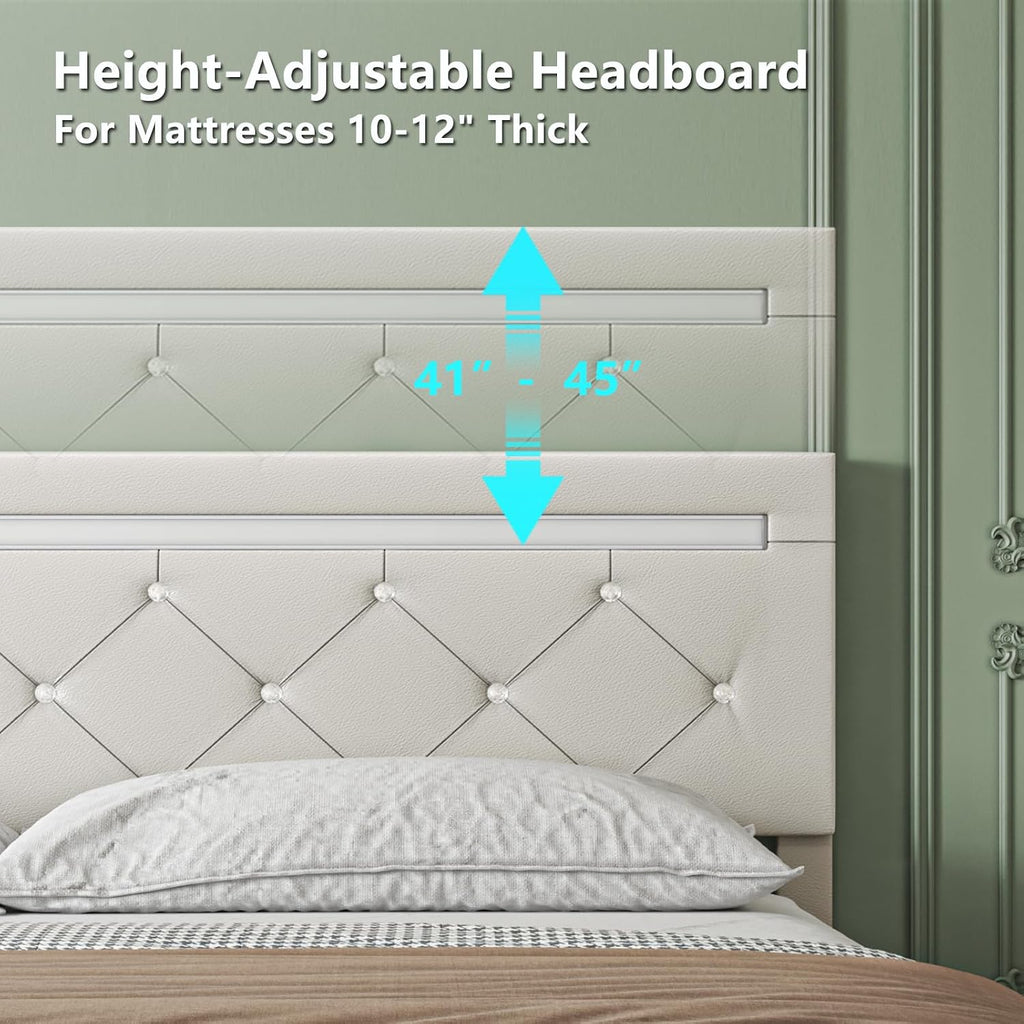 Bed Frame Queen Size with Storage Drawers and LED Light, 2 Sockets and 2 USB Ports, Adjustable Headboard with PU Leather Upholstered, No Box Spring Needed, Wooden Slats Support, White.