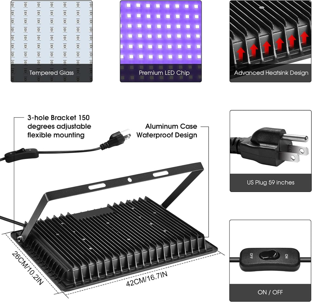 YANYCN 500W 4 Pack LED Black Light,Black Flood Light Outdoor with Plug and Switch, IP66 Waterproof 395nm to 405nm LED UV Blacklight Neon Glow for Glow Party, Halloween, Fluorescent Poster, Body Paint