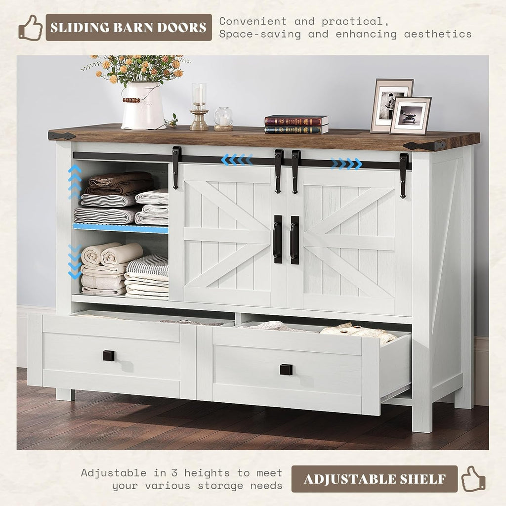AMERLIFE 2PCS Farmhouse Dresser Set with Sliding Barn Doors, 47' Wide 4-Drawer Dresser & 5-Drawer Tall Chest of Drawers, Bedroom Storage Organizer, Distressed White