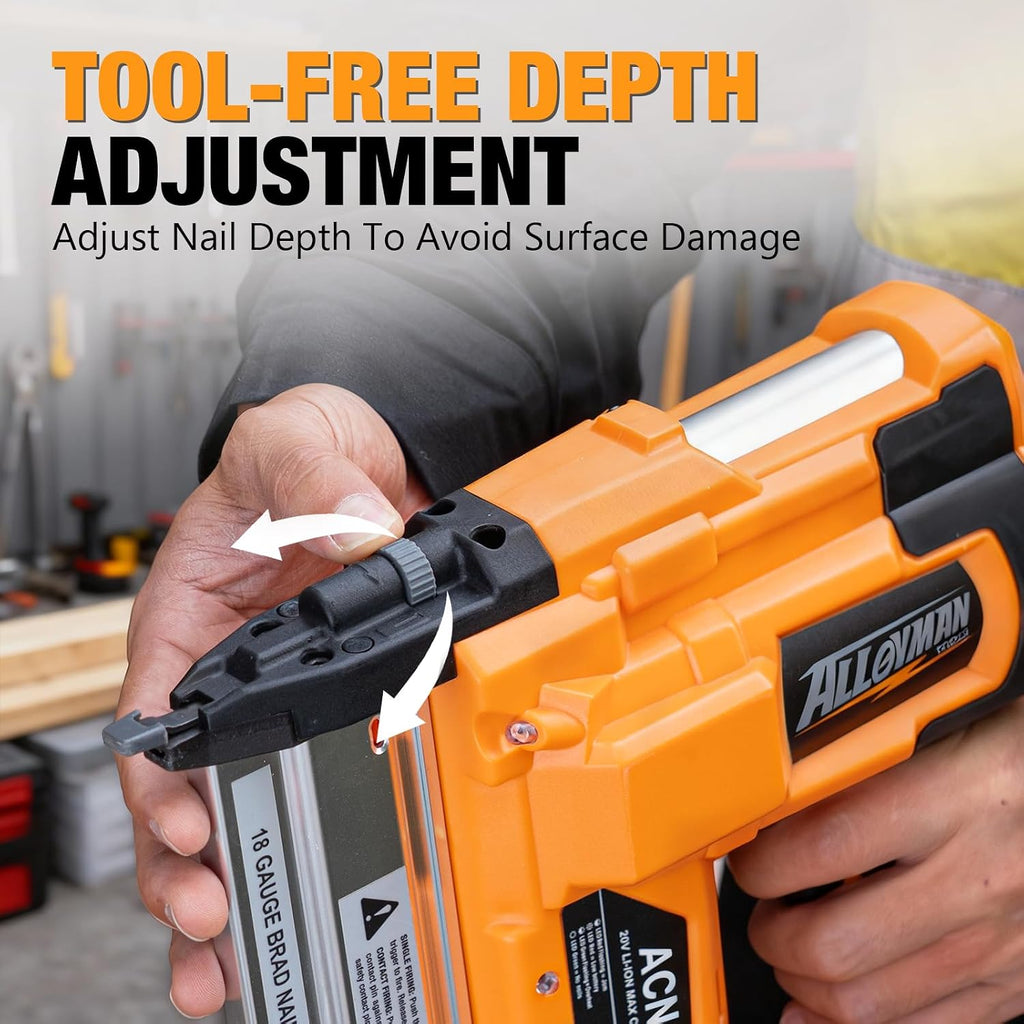 ALLOYMAN 20V 18GA Cordless Brad Nailer, with 2 * 2.0Ah Battery & Charger, Nail Gun Battery Powered, Up to 2 Inch, 2 Firing Modes, Adjustable Depth, 1000pcs Nails Included for Upholstery & Woodworking