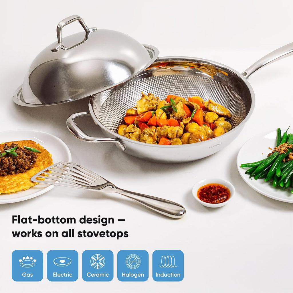 BUFFALO Honeycomb 3ply Stainless Steel Wok Pan 11 inch/28cm with Lid Flat Bottom - Coating-Free Non-stick Stir Fry Pan - Advanced, Scratch-Resistant Design with Stay-Cool Long Handle