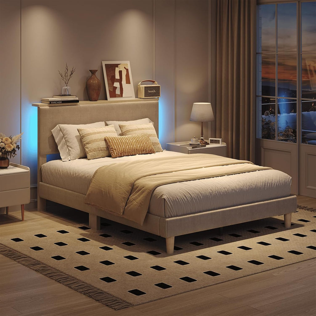 Bestier Queen Bed Frame with Adjustable Headboard & LEDLighting, Corduroy Upholstered Platform Bed Frame withStorage Shelf, Solid Wood Slats, No Box Spring Needed,Never Squeak, Easy Assembly, Taupe