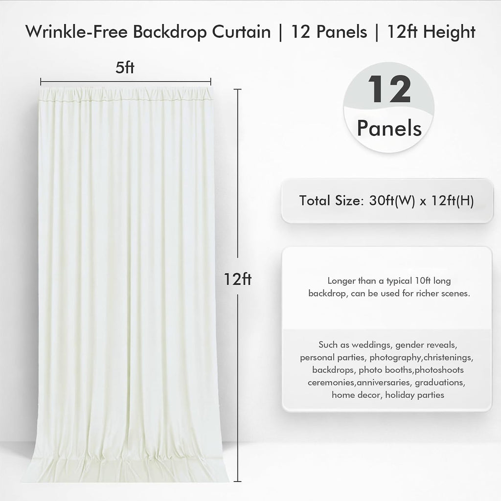 60ftx12ft Wrinkle Free Ivory Backdrop Curtain, 12 Panels 12FT Height Ivory Wedding Backdrop Drapes, Silky Polyester Back Drop Cloth for Birthday Photography Background Party Backdrop Draping