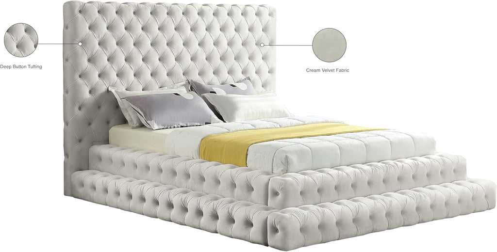 Meridian Furniture RevelCream-Q Revel Collection Modern | Contemporary Cream Velvet Upholstered Bed with Deep Button Tufting, 85' W x 98' D x 60' H, Cream, Queen